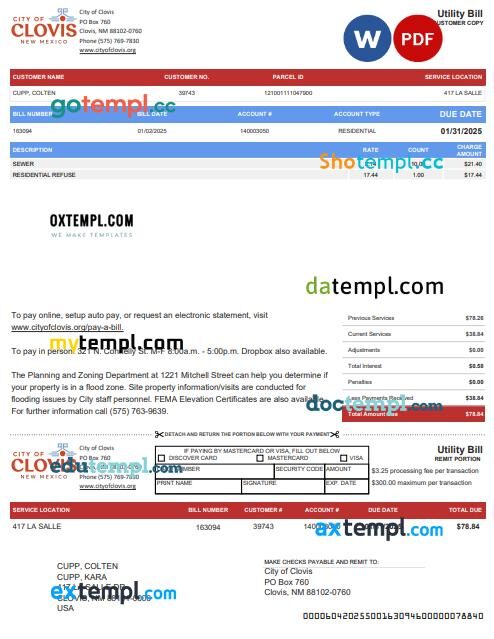 USA City of Clovis municipal water and sewer utility bill in Word and PDF format