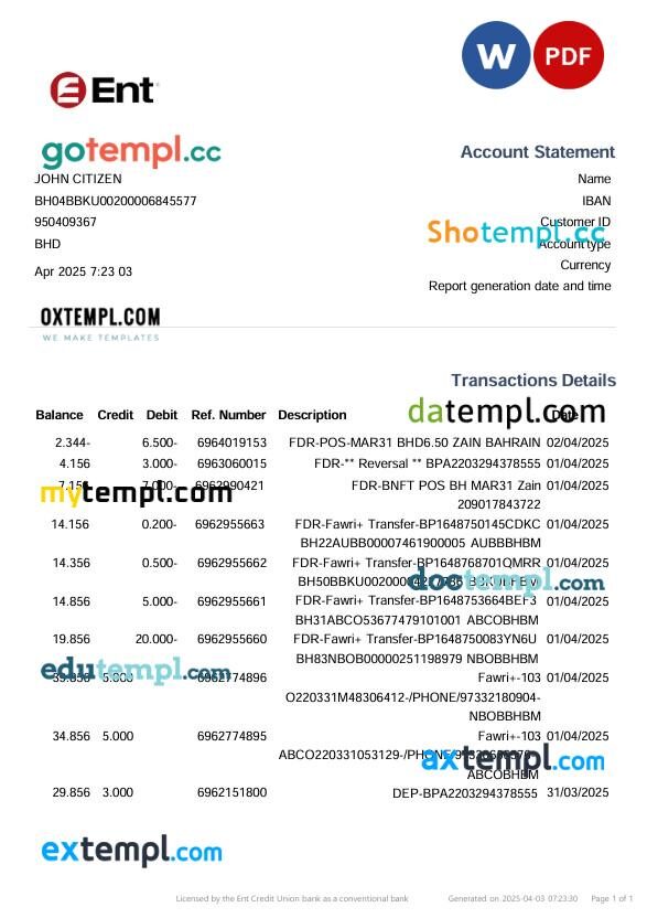 USA Colorado Ent Credit Union bank statement template in Word and PDF format