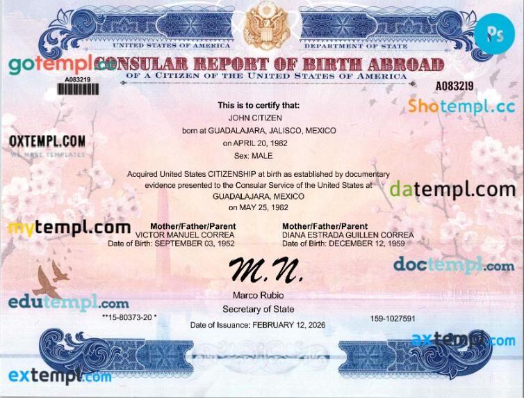 USA Consular Report of Birth Abroad in PSD format