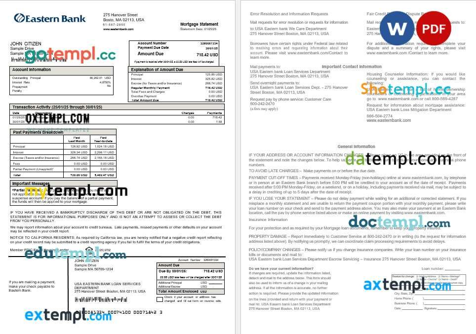 USA Eastern Bank mortgage statement in Word and PDF formats
