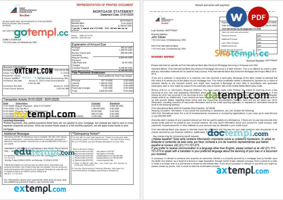 USA First International Bank & Trust bank mortgage statement in Word and PDF formats, 3 pages