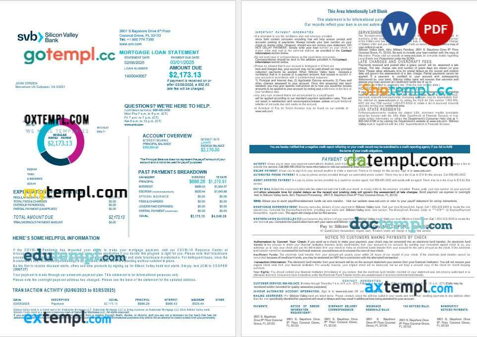 USA Florida Silicon Valley bank mortgage loan statement in Word and PDF formats, 4 pages