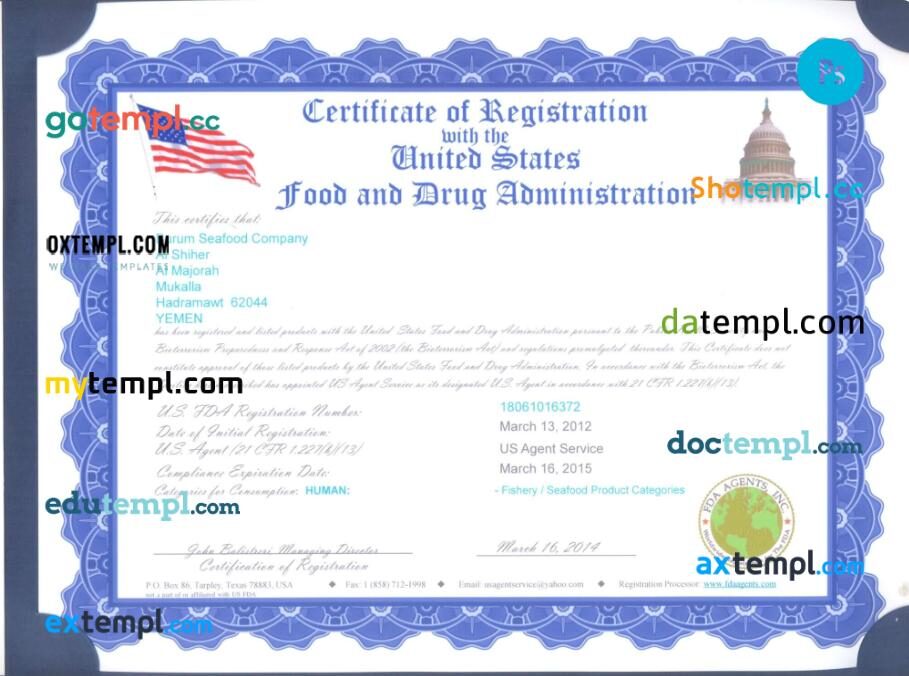 USA Food and Drug Administration (FDA) certificate of registration PSD template