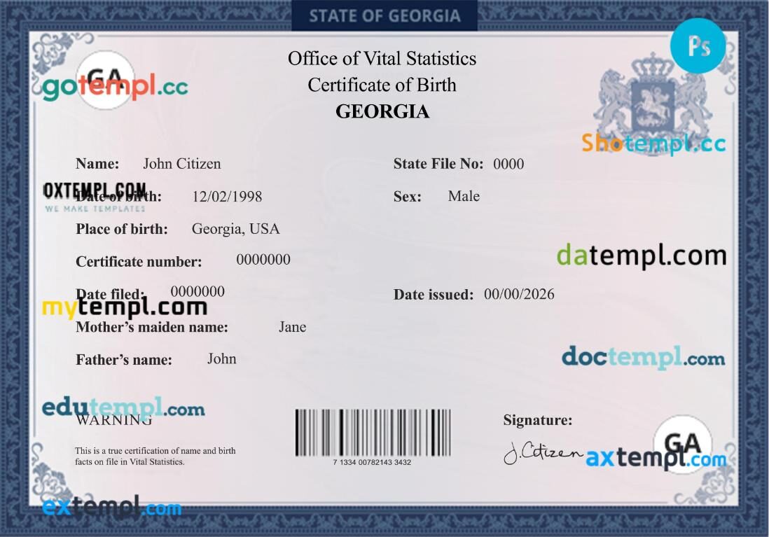 USA Georgia birth certificate in PSD format