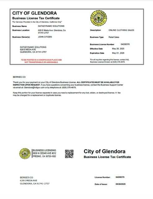 USA Glendora business license tax certificate Word and PDF template