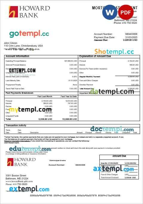 USA Howard bank mortgage statement in Word and PDF formats