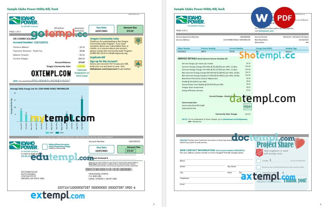 USA Idaho Power electricity utility bill in Word and PDF format