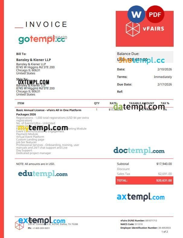 USA Illinois Chicago business certificate template Bansley & Kiener Word and PDF template