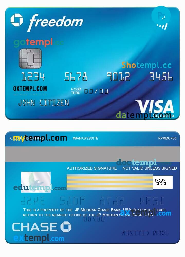 USA JP Morgan Chase Bank freedom visa signature card template in PSD format