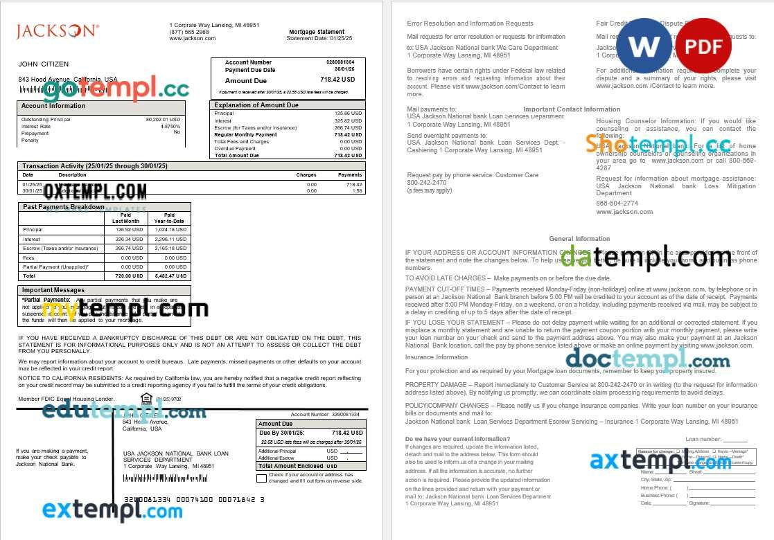 USA Jackson National bank mortgage statement in Word and PDF formats