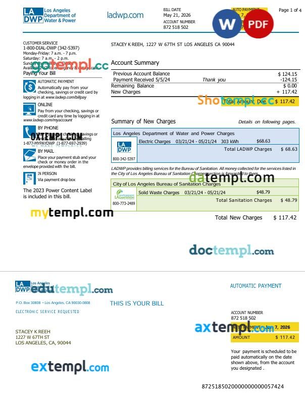 USA LADWP utility bill in Word and PDF format, 4 pages