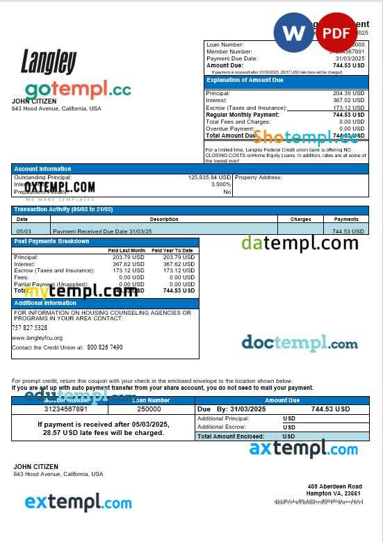USA Langley Federal Credit Union bank mortgage statement in Word and PDF formats