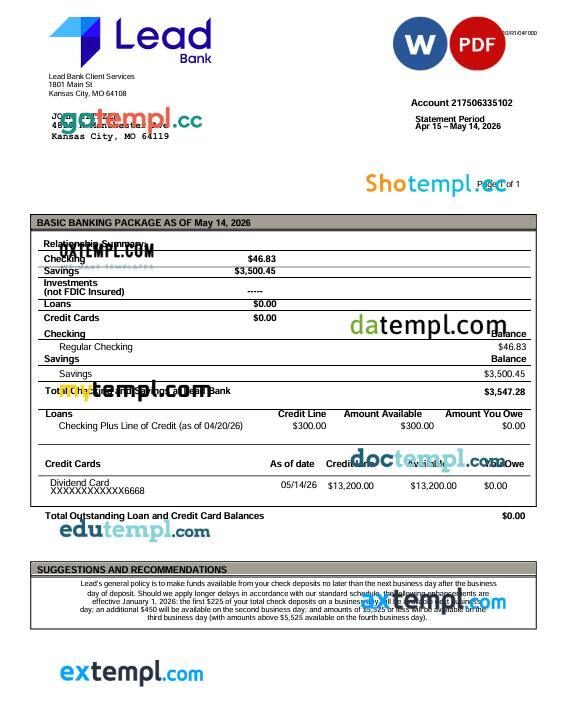 USA Lead bank statement template in Word and PDF format