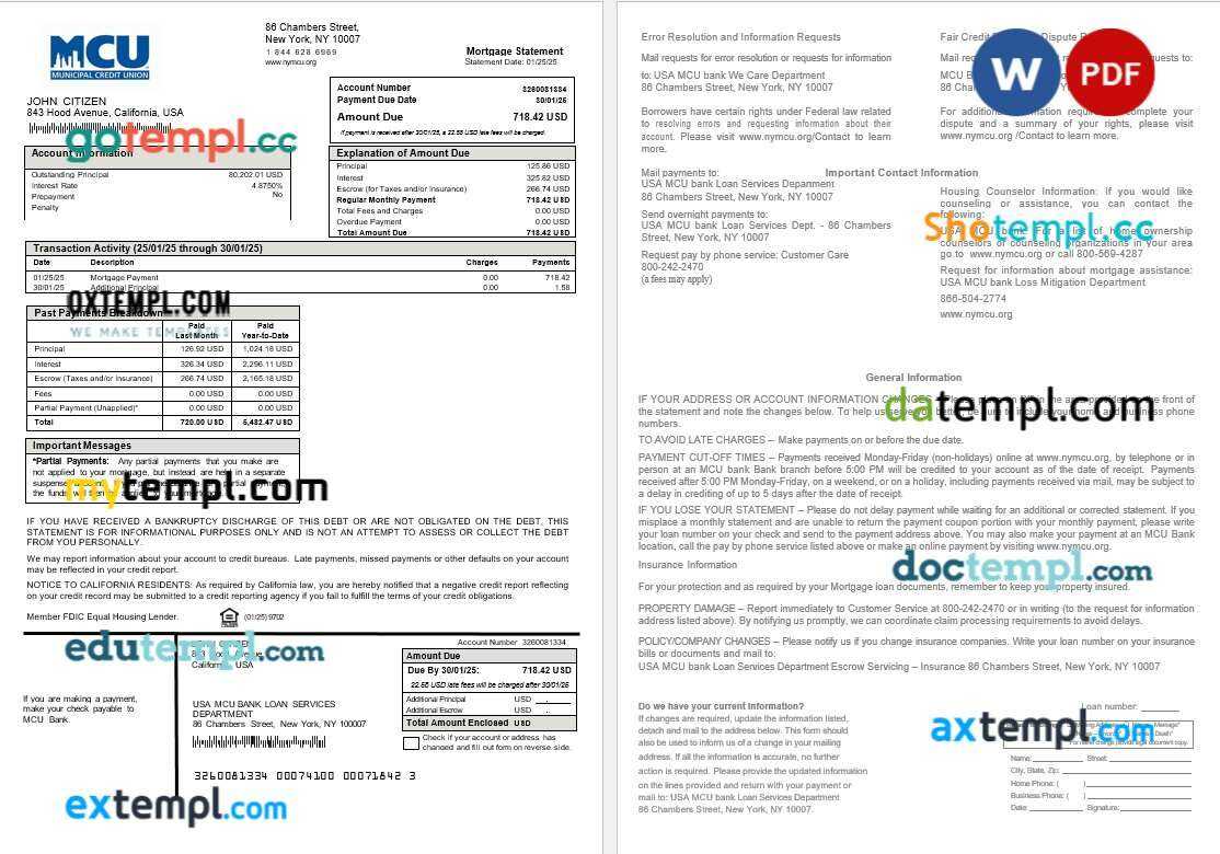 USA MCU bank mortgage statement in Word and PDF formats