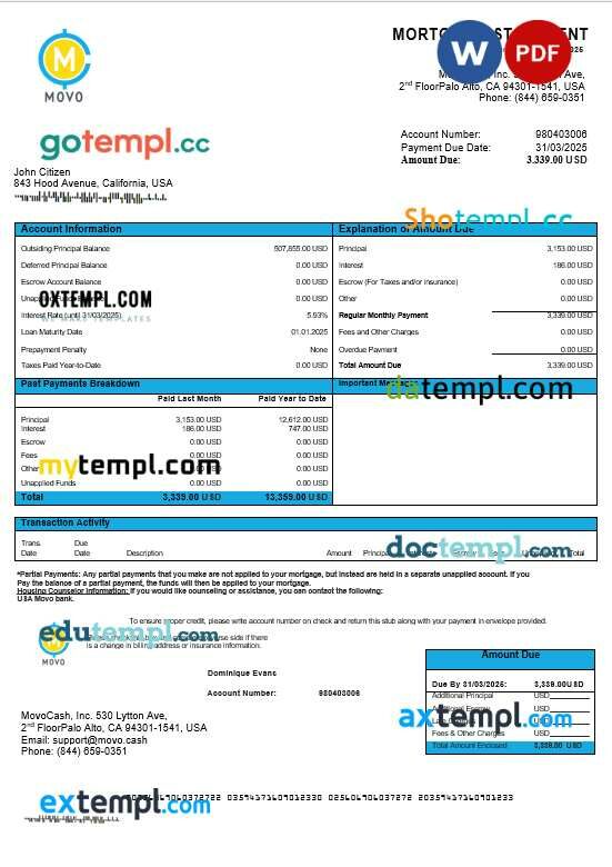 USA MOVO bank mortgage statement in Word and PDF formats
