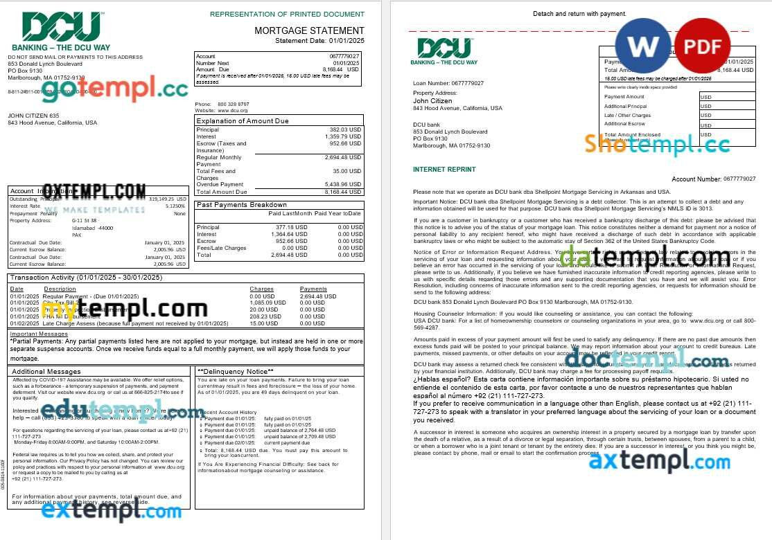 USA Massachusetts Digital Federal Credit Union (DCU) bank mortgage statement in Word and PDF formats, 3 pages