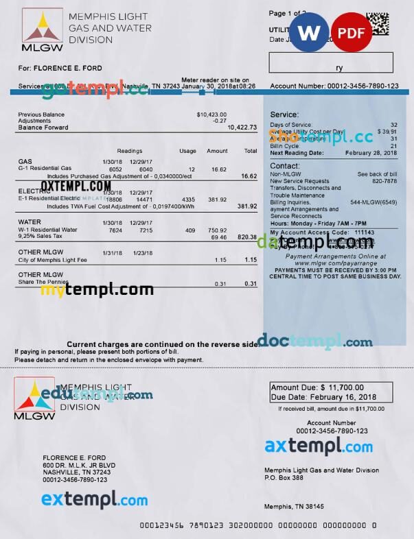 USA Memphis Light, Gas and Water utility bill in Word and PDF format