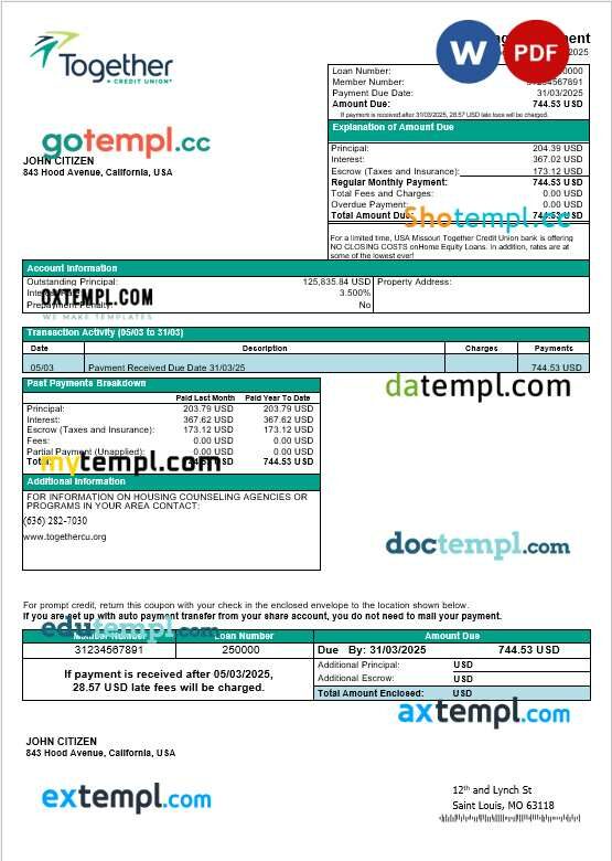 USA Missouri Together Credit Union bank mortgage statement in Word and PDF formats