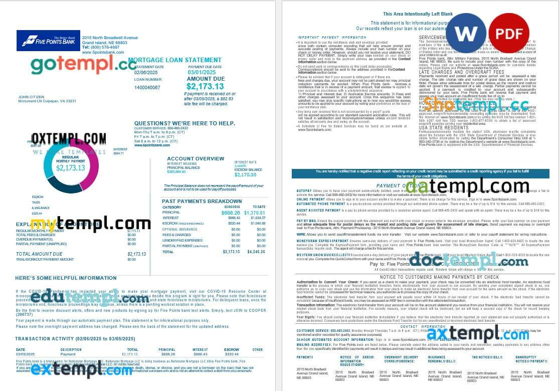 USA Nebraska Five Points Bank mortgage loan statement in Word and PDF formats, 4 pages