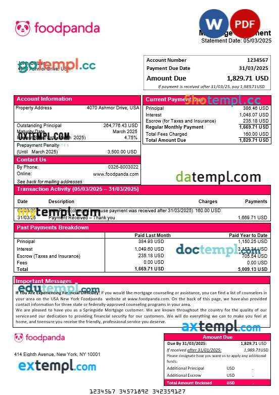 USA New York Foodpanda mortgage statement in Word and PDF formats
