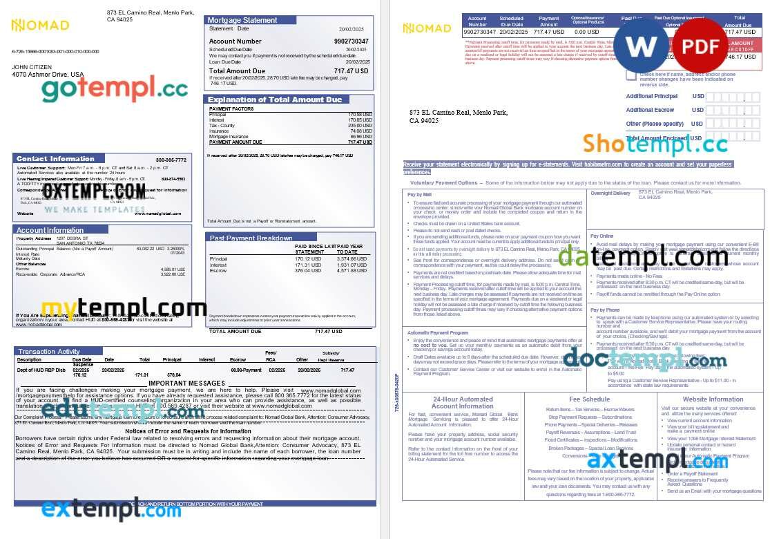 USA Nomad Global bank mortgage statement in Word and PDF formats, 3 pages