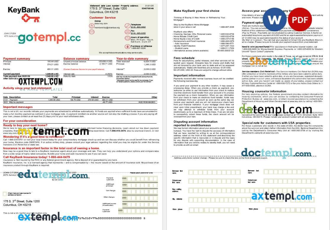 USA Ohio KeyBank bank mortgage statement in Word and PDF formats, 2 pages