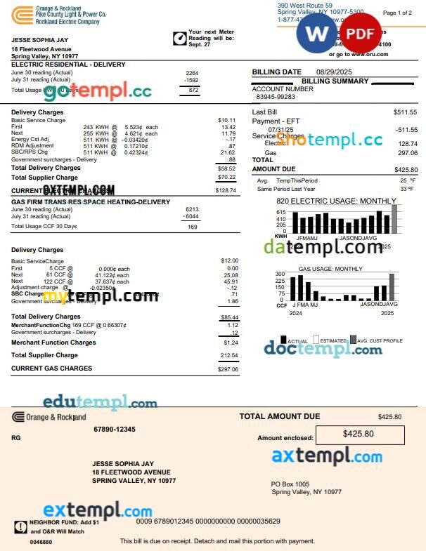 USA Orange & Rockland electric company utility bill in Word and PDF format