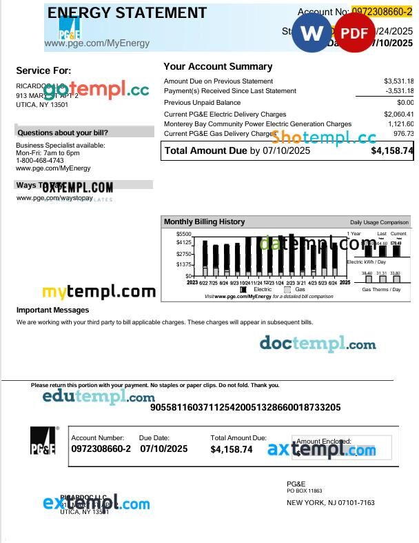 USA PG&E Energy utility bill in Word and PDF format, 5 pages