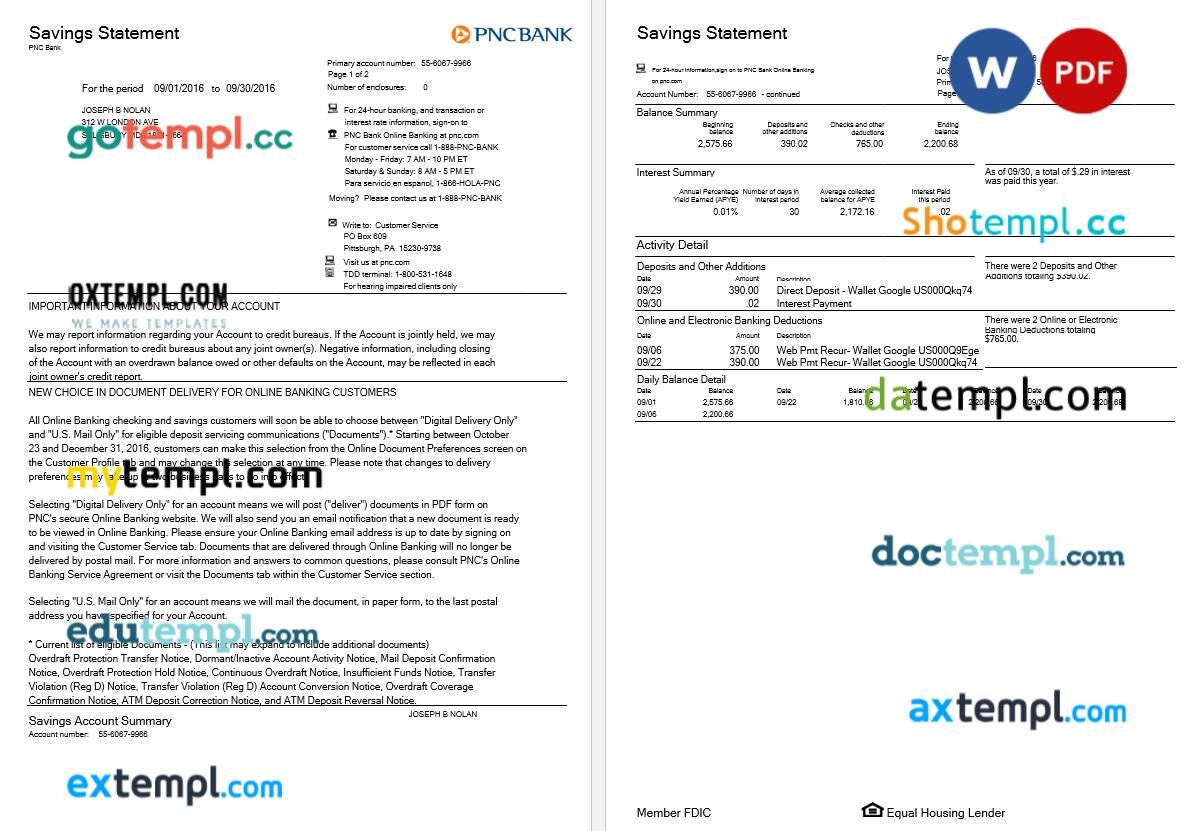 USA PNC Saving statement template in Word and PDF format