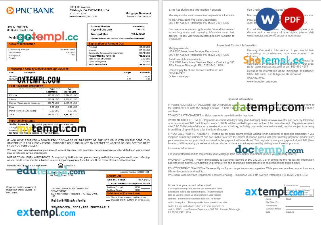 USA PNC bank mortgage statement in Word and PDF formats