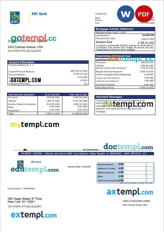 USA RBC bank mortgage statement in Word and PDF formats