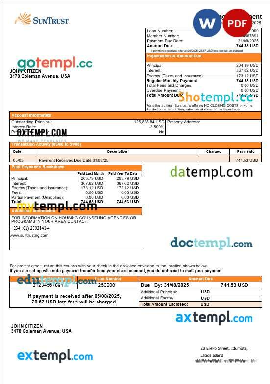 USA Suntrust bank mortgage statement in Word and PDF formats