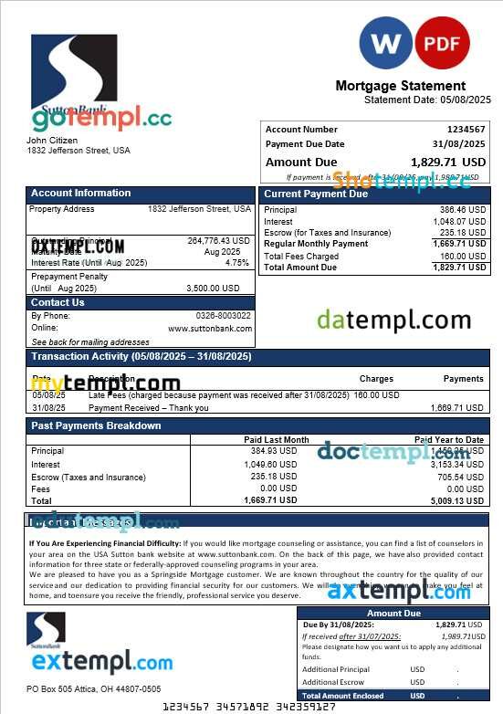 USA Sutton bank mortgage statement in Word and PDF formats