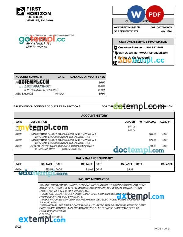 USA Tennessee First Horizon bank statement template in Word and PDF format
