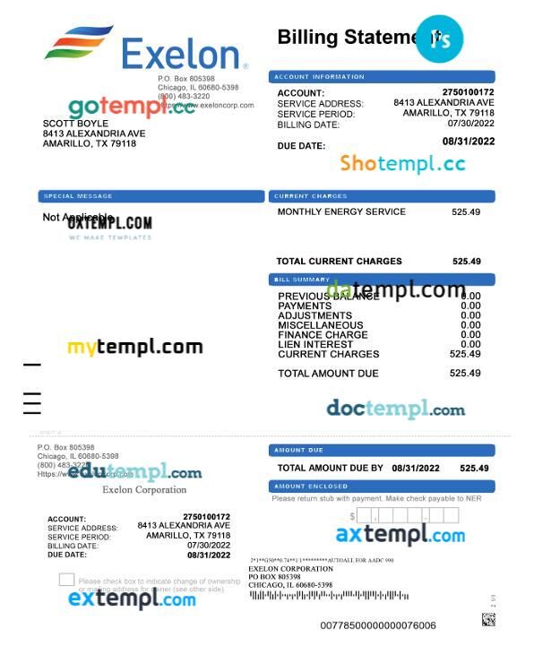 USA Texas Exelon electricity utility bill template in PSD format