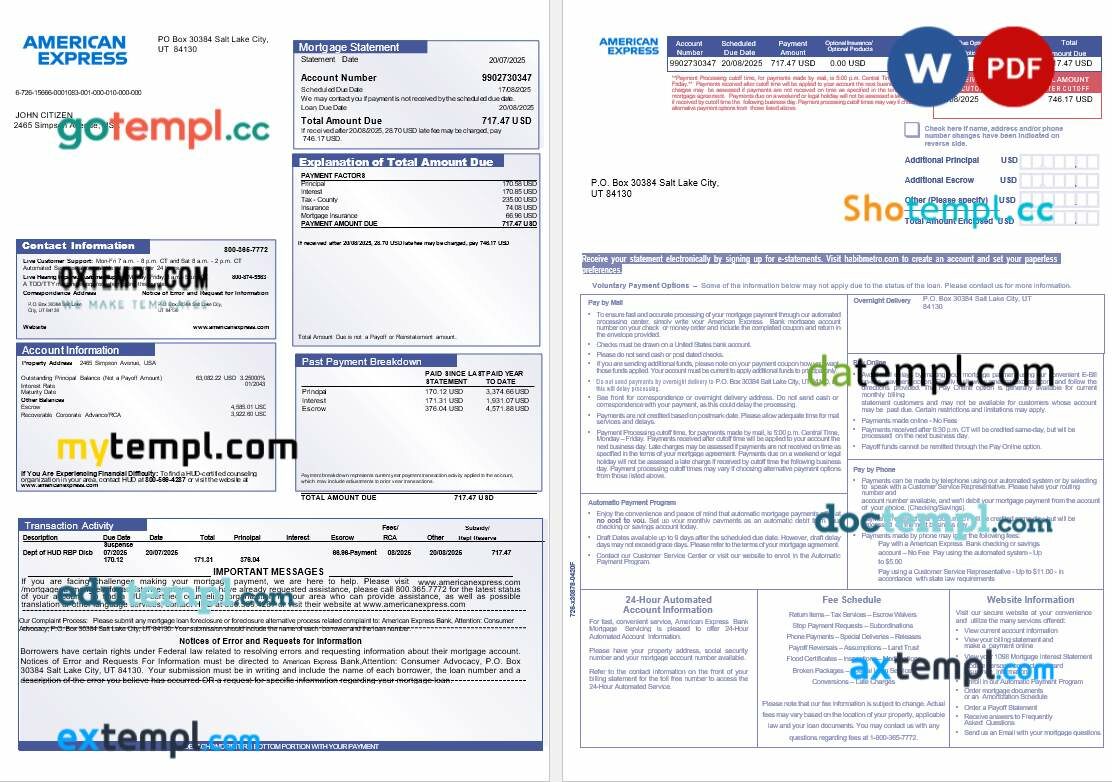 USA The American Express bank mortgage statement in Word and PDF formats, 3 pages