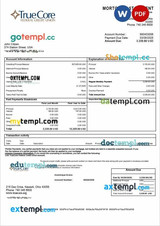 USA TrueCore Federal Credit Union account mortgage statement in Word and PDF formats