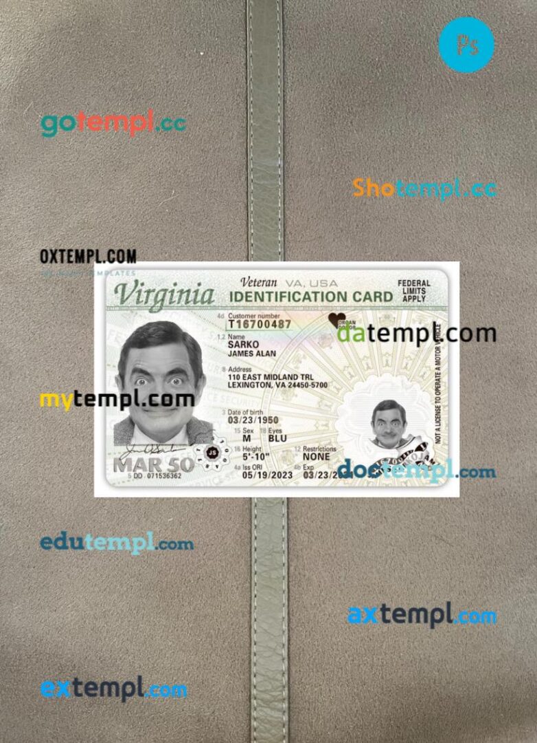 USA Virginia ID card PSD files, scan look and photo-realistic look, 2 in 1, 2023-present