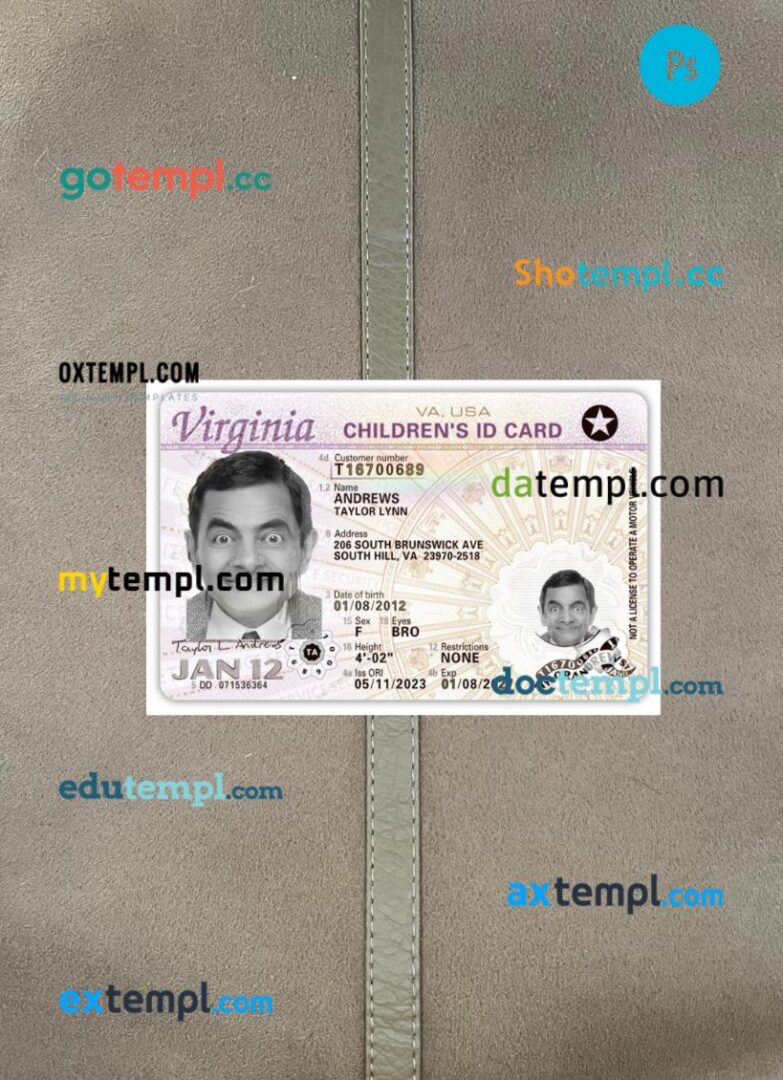 USA Virginia children's ID card PSD files, scan look and photo-realistic look, 2 in 1
