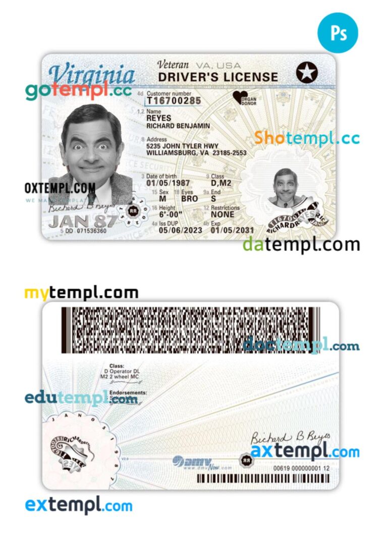 USA Virginia driving license PSD editable template, 2023-present