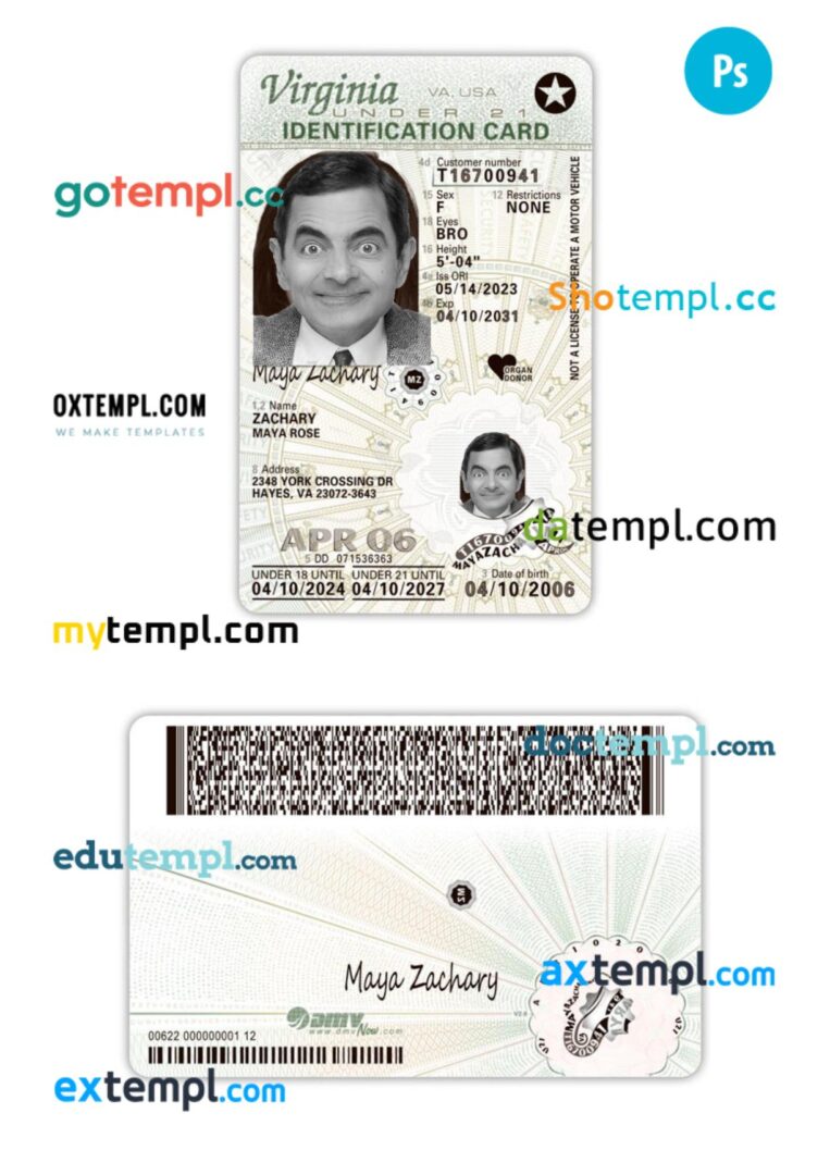 USA Virginia under 21 ID card PSD template, 2024-present