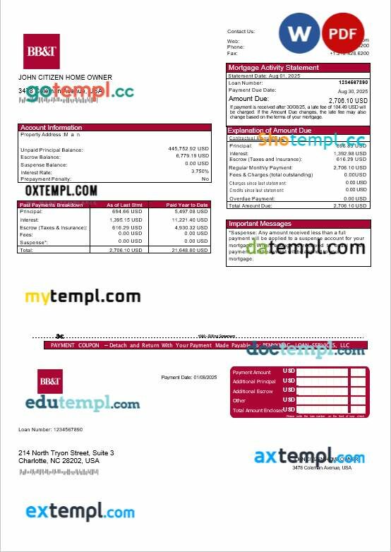 USA Washington BB&T bank mortgage statement in Word and PDF formats