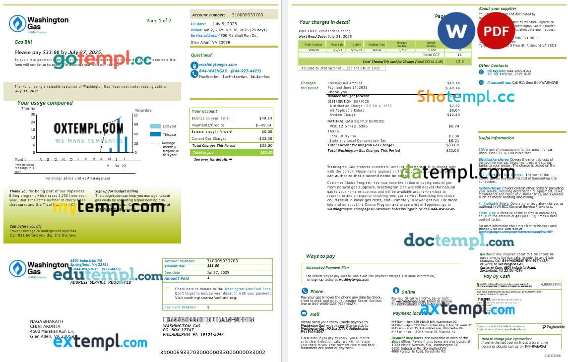 USA Washington Gas utility bill template in Word and PDF formats