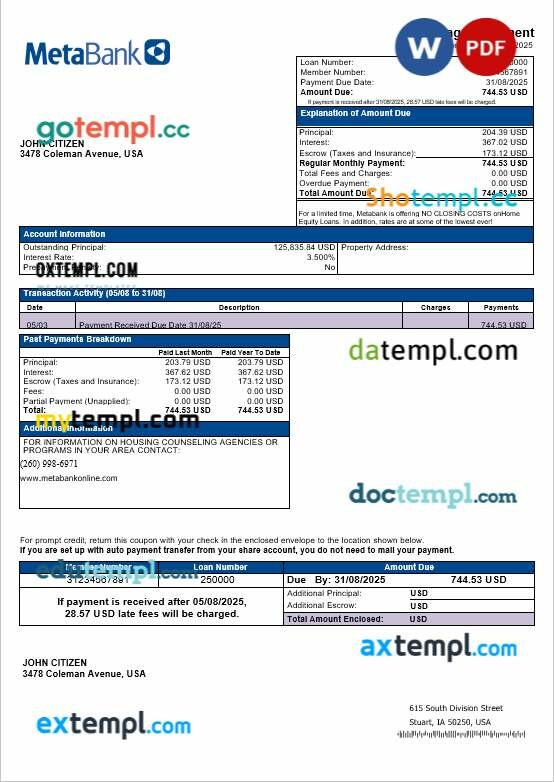 USA Washington Metabank mortgage statement in Word and PDF formats