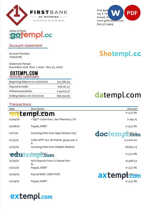 USA Wyoming First Bank of Wyoming bank statement template in Word and PDF format