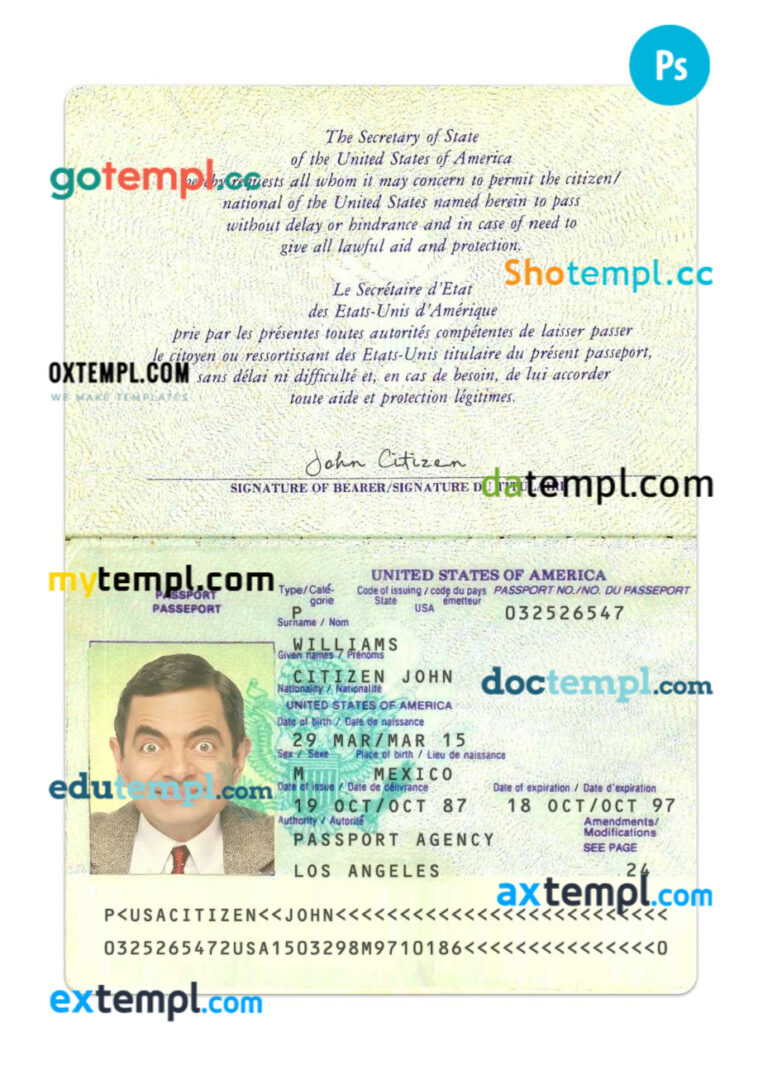 USA passport PSD template, 1987-2007