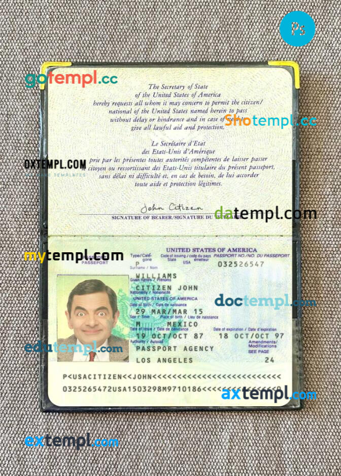 USA passport PSD files with address page, scan and photo-realistic look, 1987-present