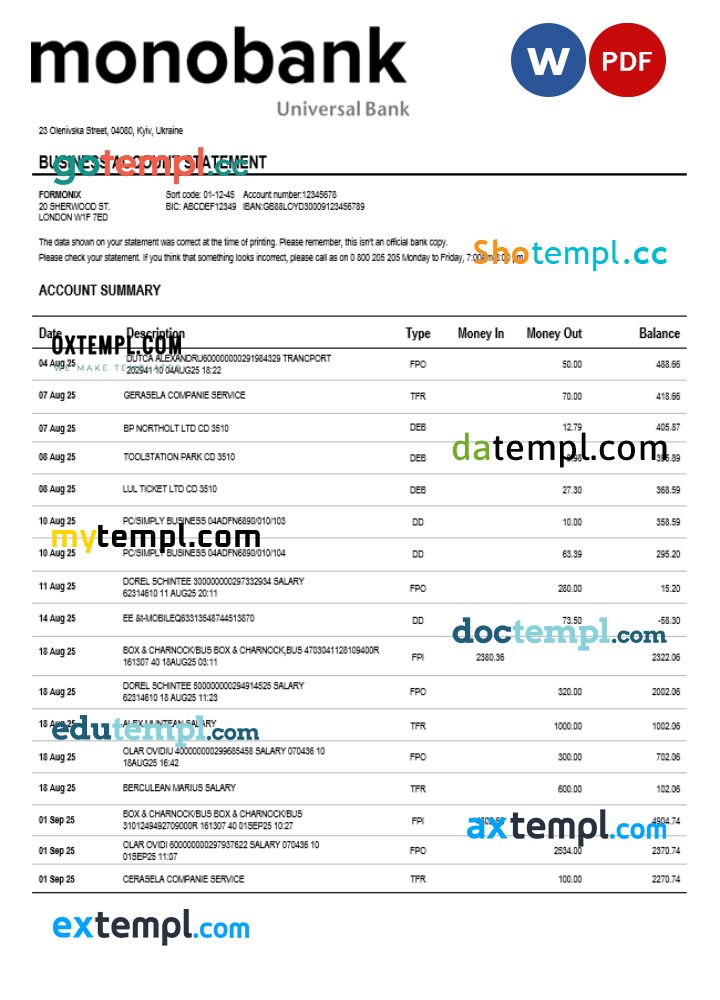 Ukraine Monobank enterprise account statement Word and PDF template