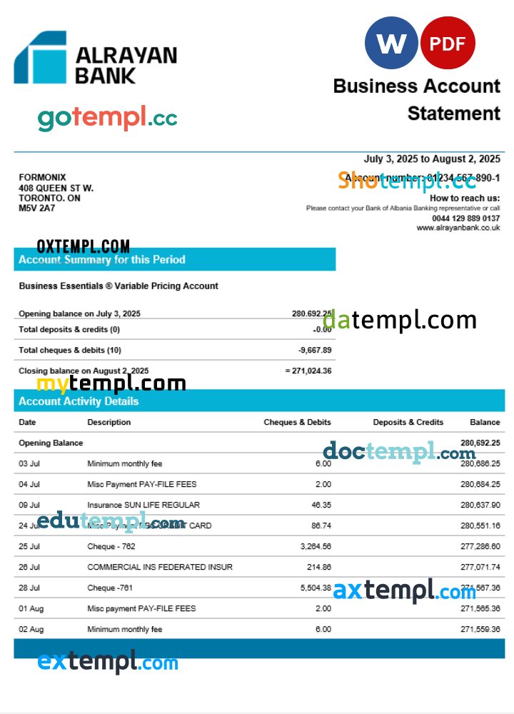 United Kingdom Al Rayan organization account statement Word and PDF template