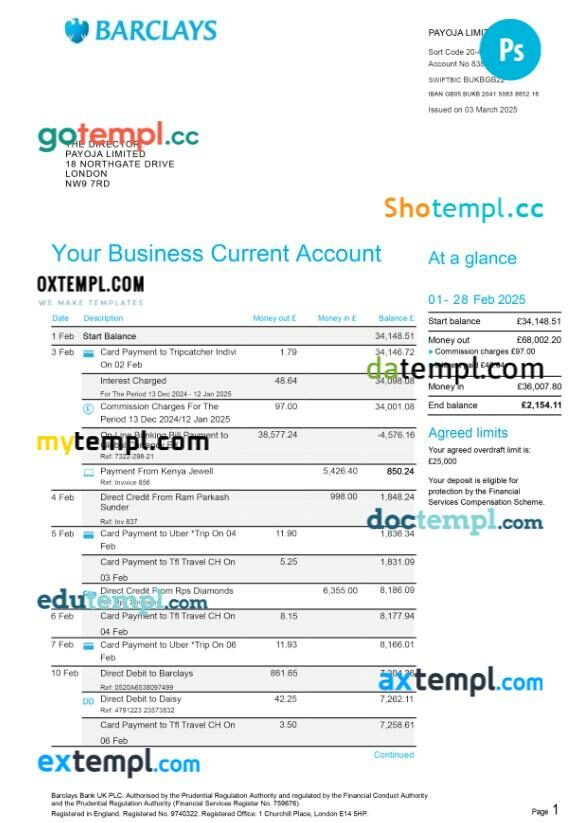 United Kingdom Barclays business bank statement template in PSD format, 6 pages